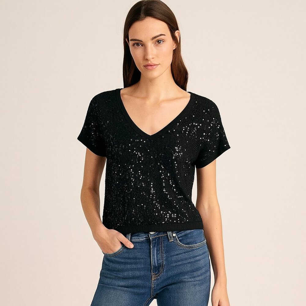 Votre Nom Black Sequin Stretch Short Sleeve Top Party Holiday Sparkly Blouse L